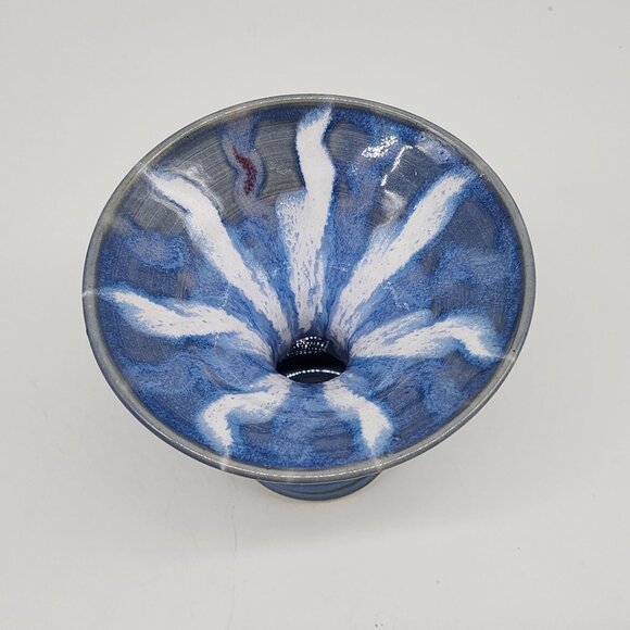 Handmade Blue Ceramic Candle Holder Vase Unique White Drip Artist Signed - Picture 3 of 7